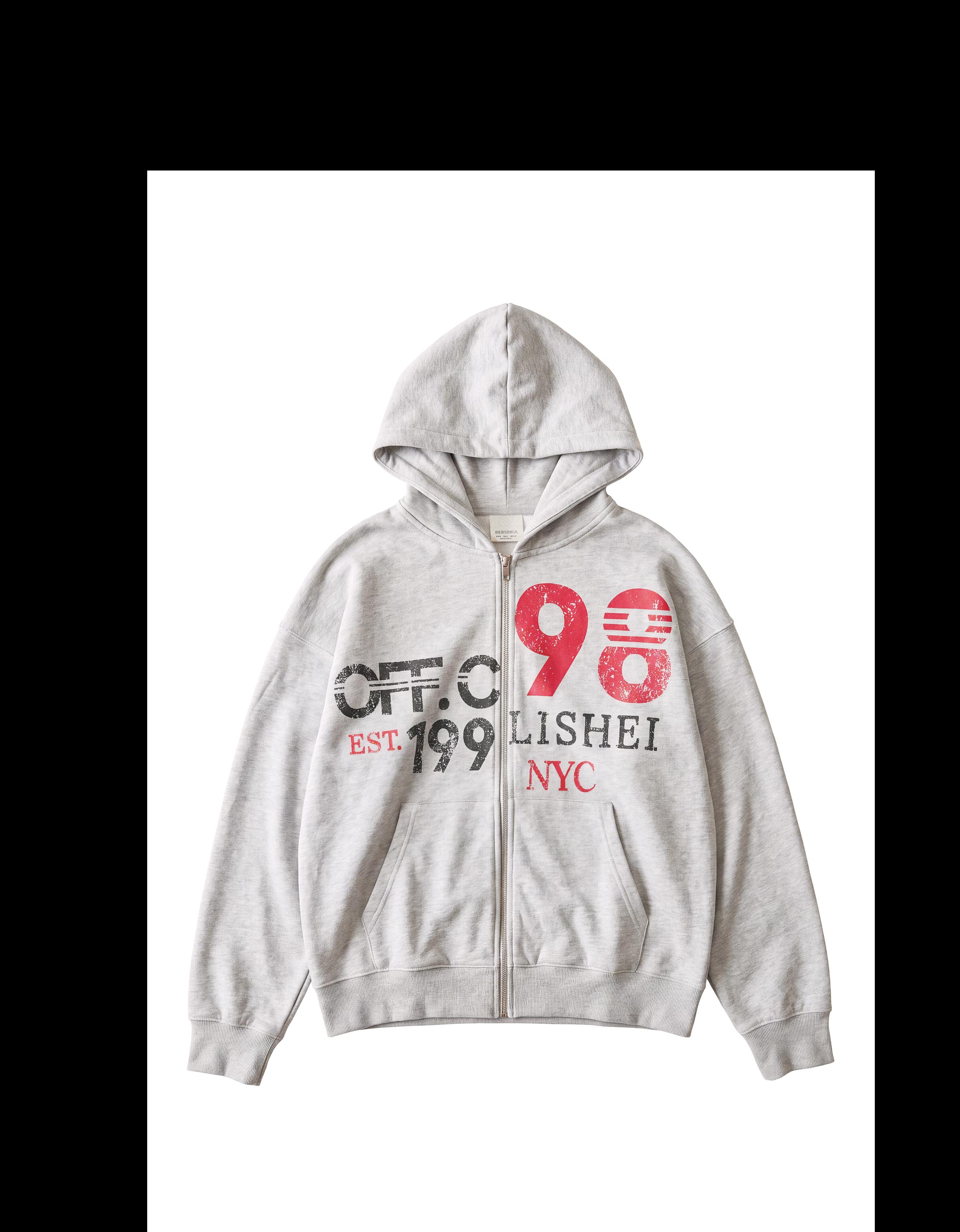 Oversize zip-up hooded sweatshirt with print — Mixed gray