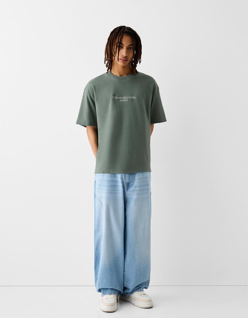 T-shirt de manga curta de felpa com bordado-Verde-3