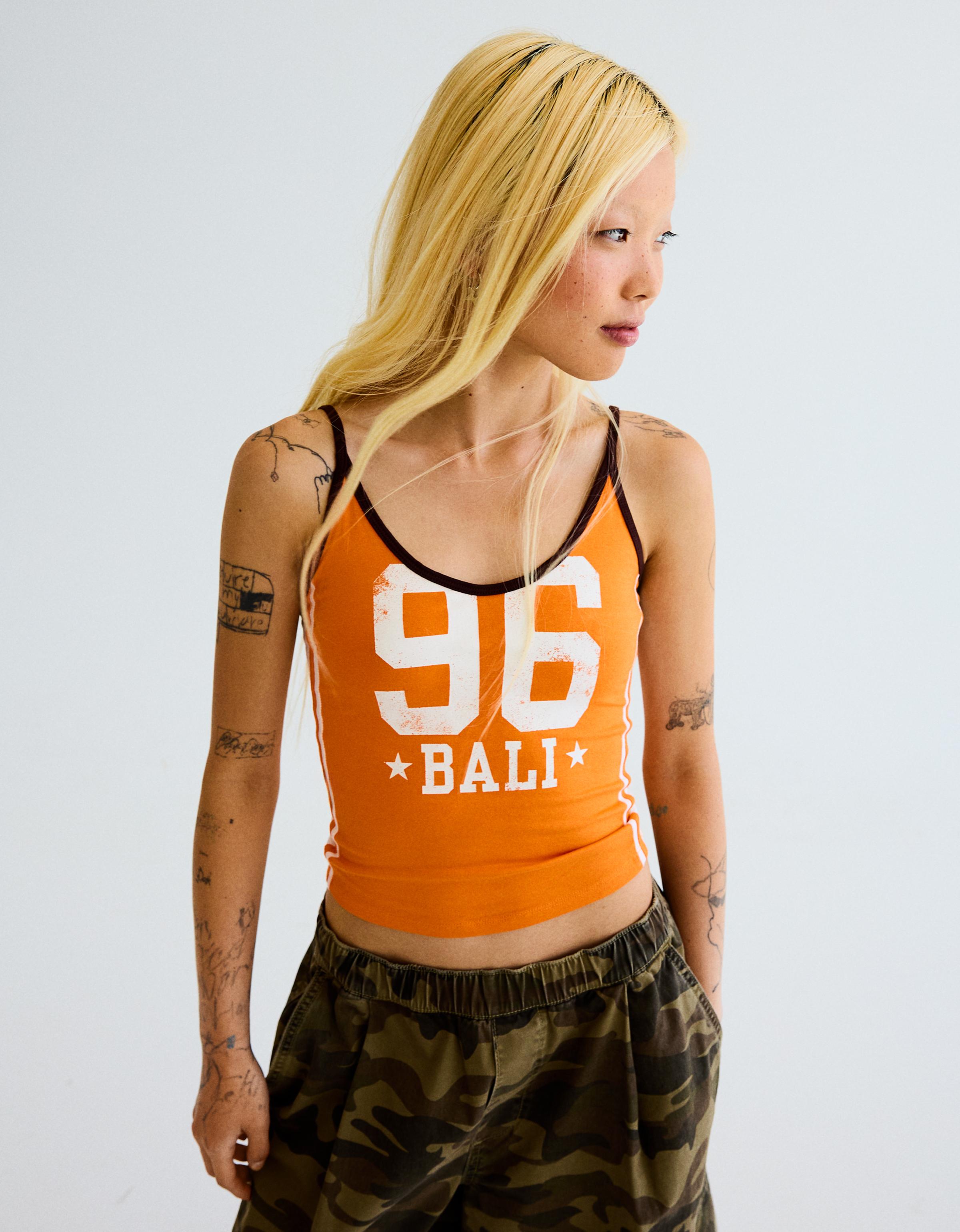 Bershka Top Tirantes Print Mujer Naranja