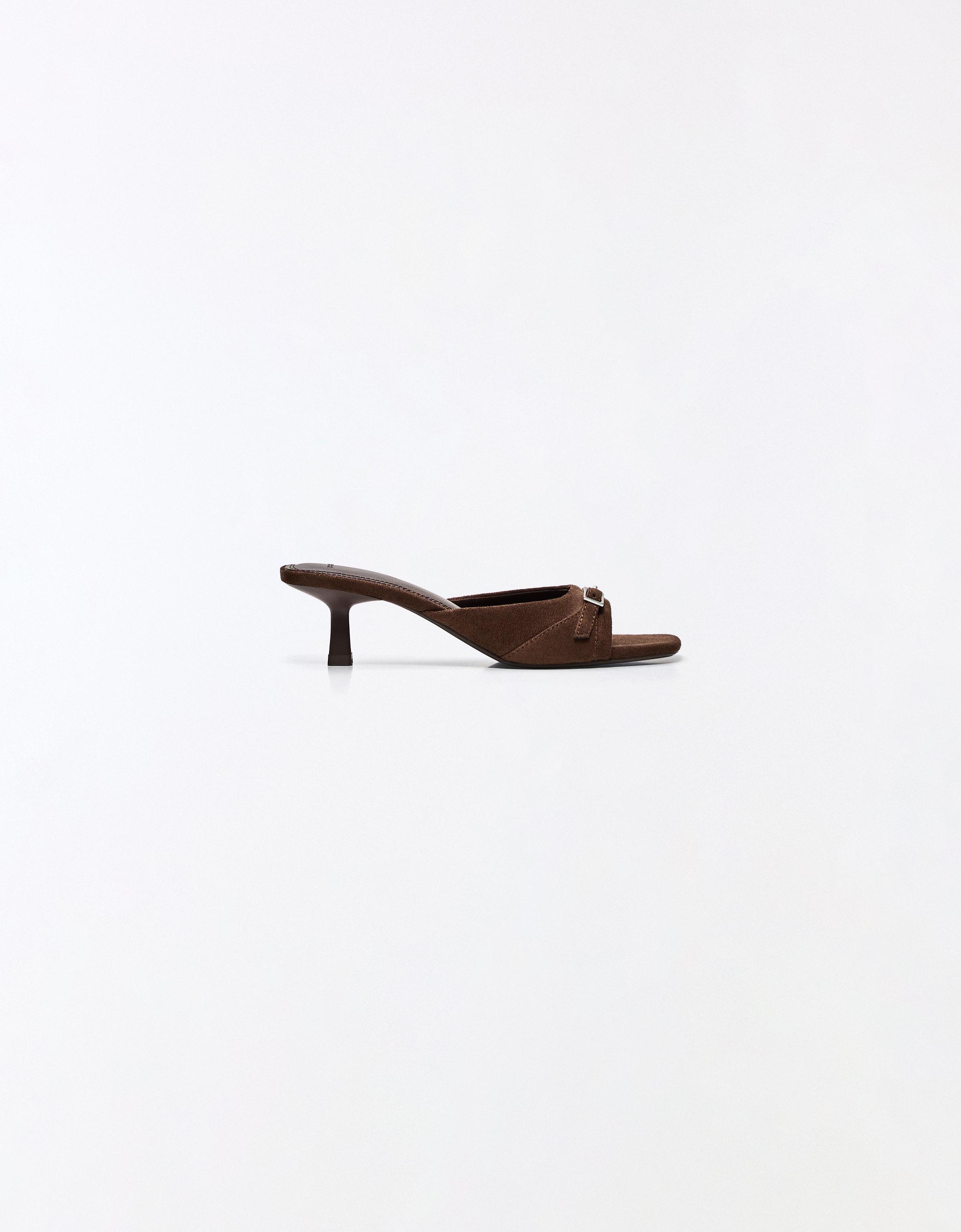 BUCKLED MULE SANDALS — Brown