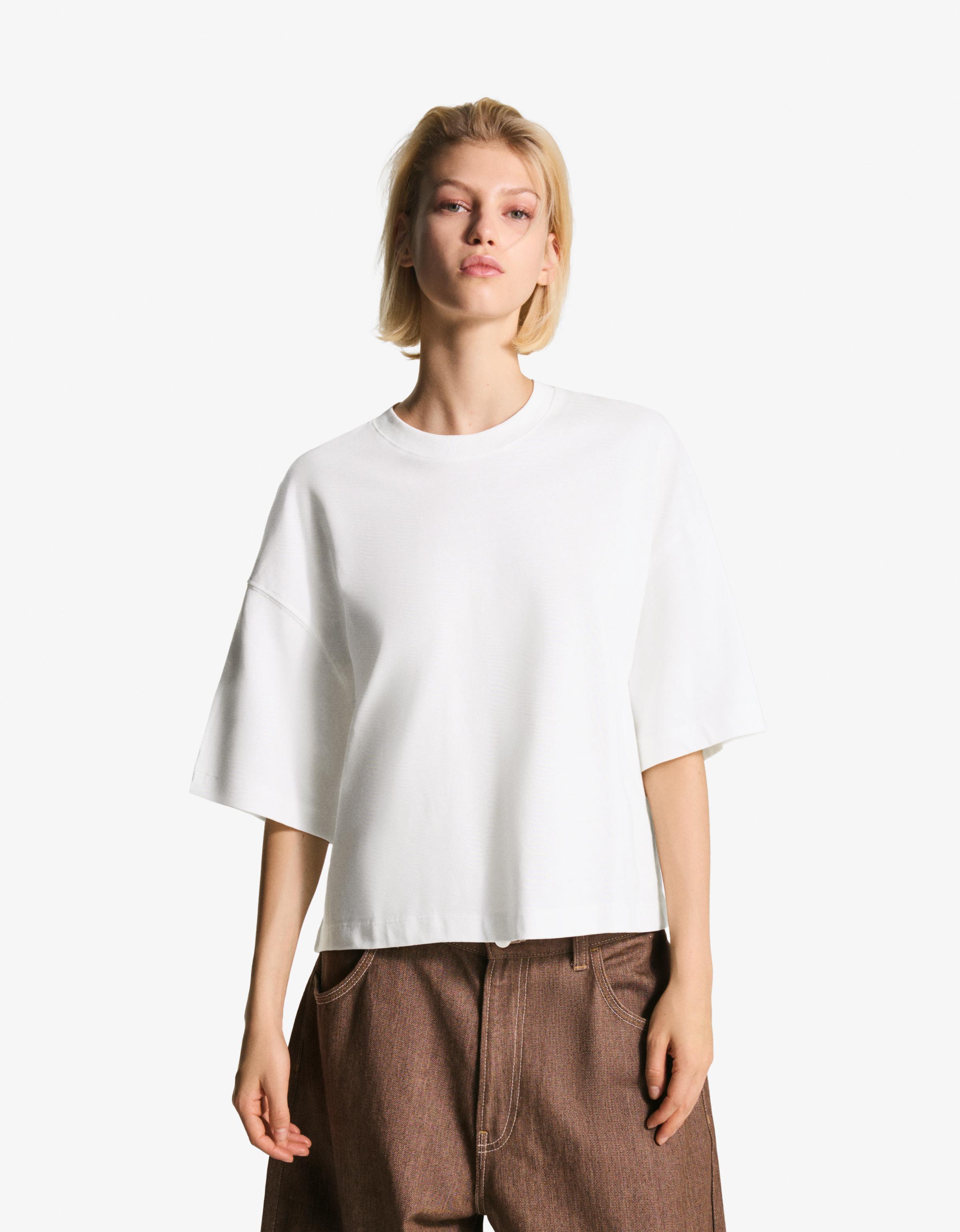 Thumbnail - Bershka Oversize-T-Shirt Aus Schwerem Baumwollcotton Mit Kurzen Ärmeln Damen S Grbrochenes Weiss