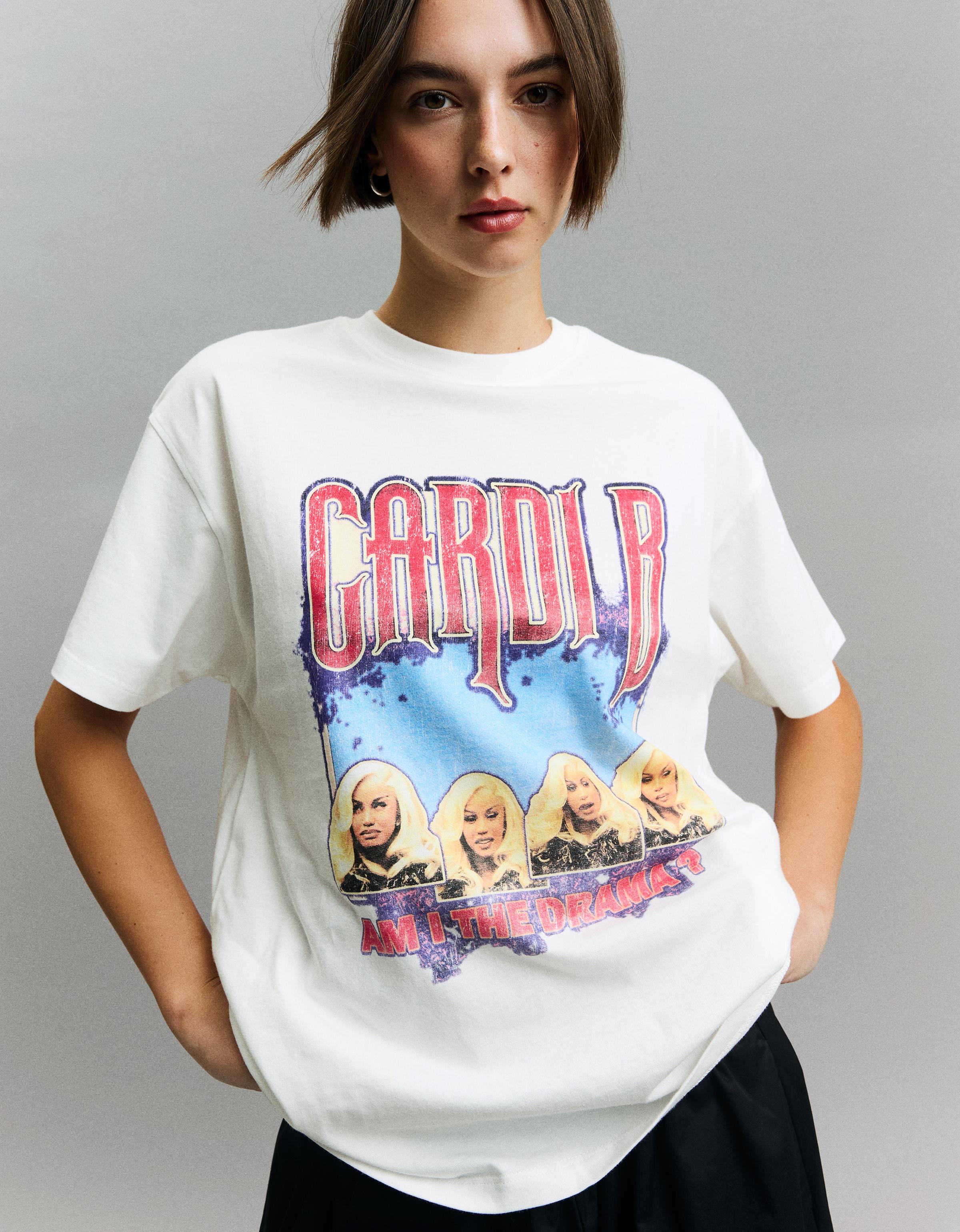 Camiseta Cardi B. Manga Corta Print Mujer L Blanco Roto