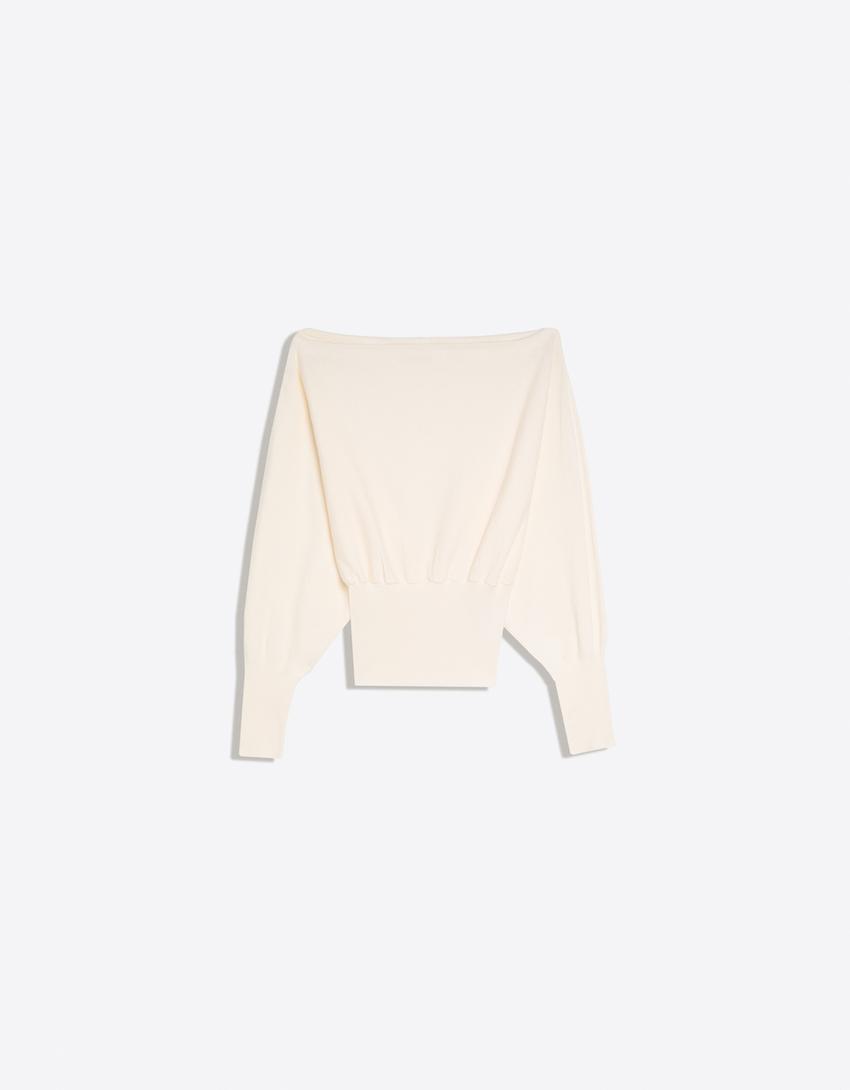 Striped asymmetric neck sweater-Cream