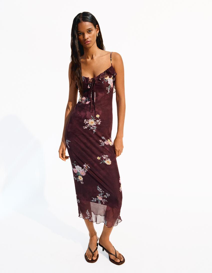 Printed strappy tulle dress-Violet-0