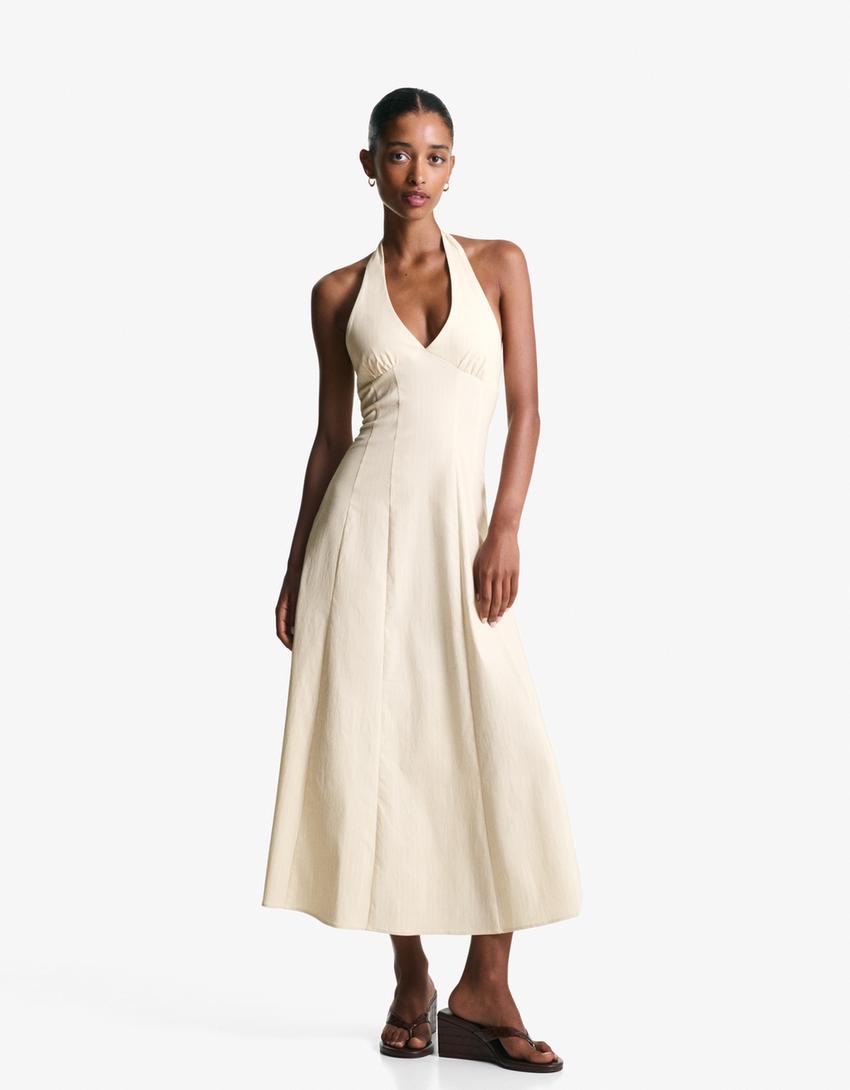Robe midi encolure américaine bengalina-Beige-0
