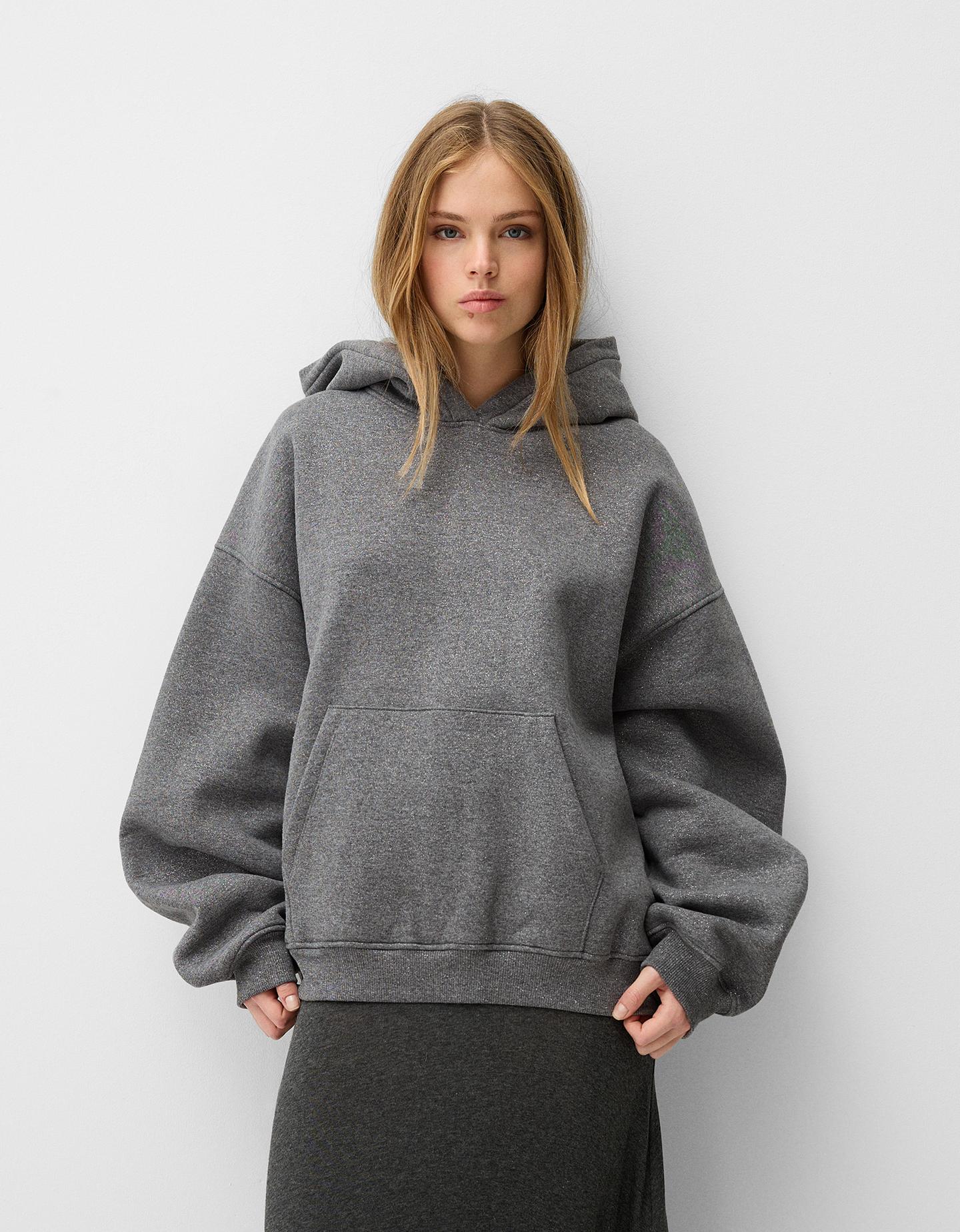 Bershka Sudadera Capucha Brillo Mujer L Gris