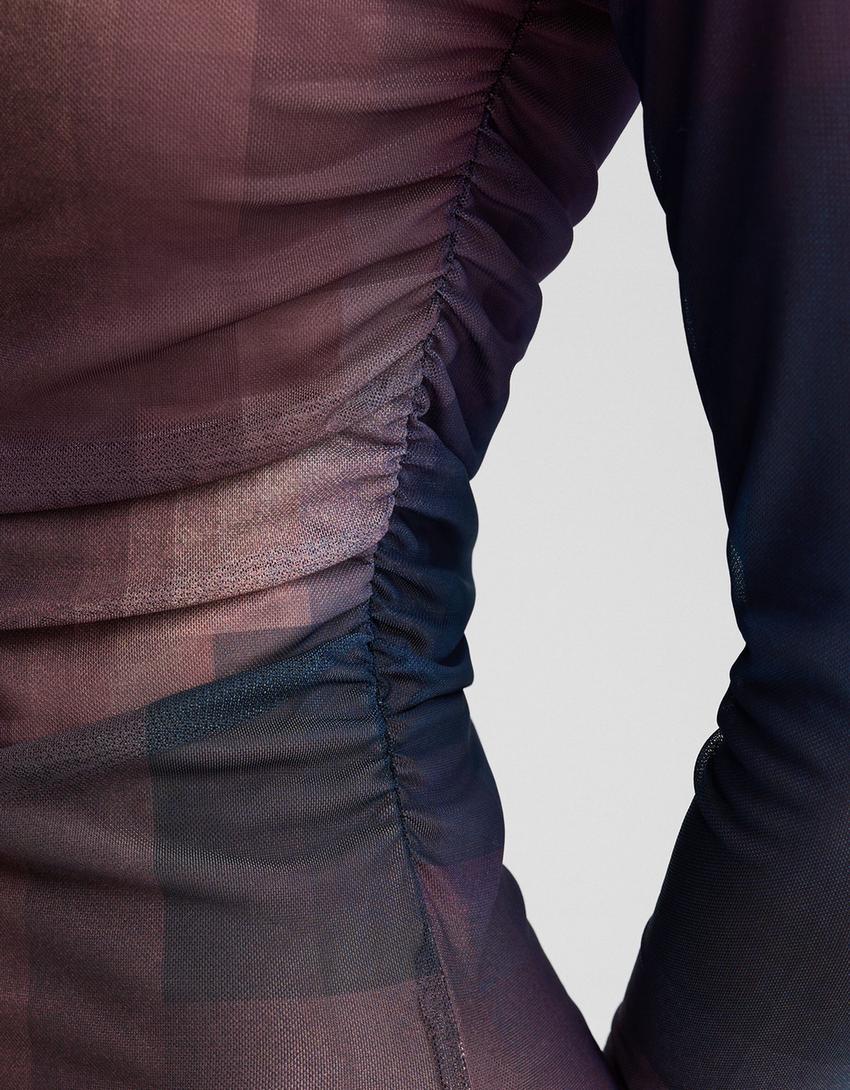 Long tulle dress with long sleeves and a print-Violet