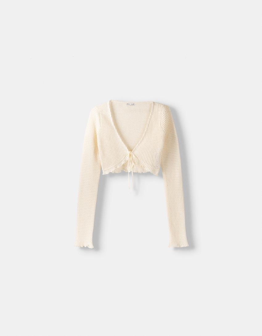 Camisola de manga comprida com renda de crochet-Bege-4