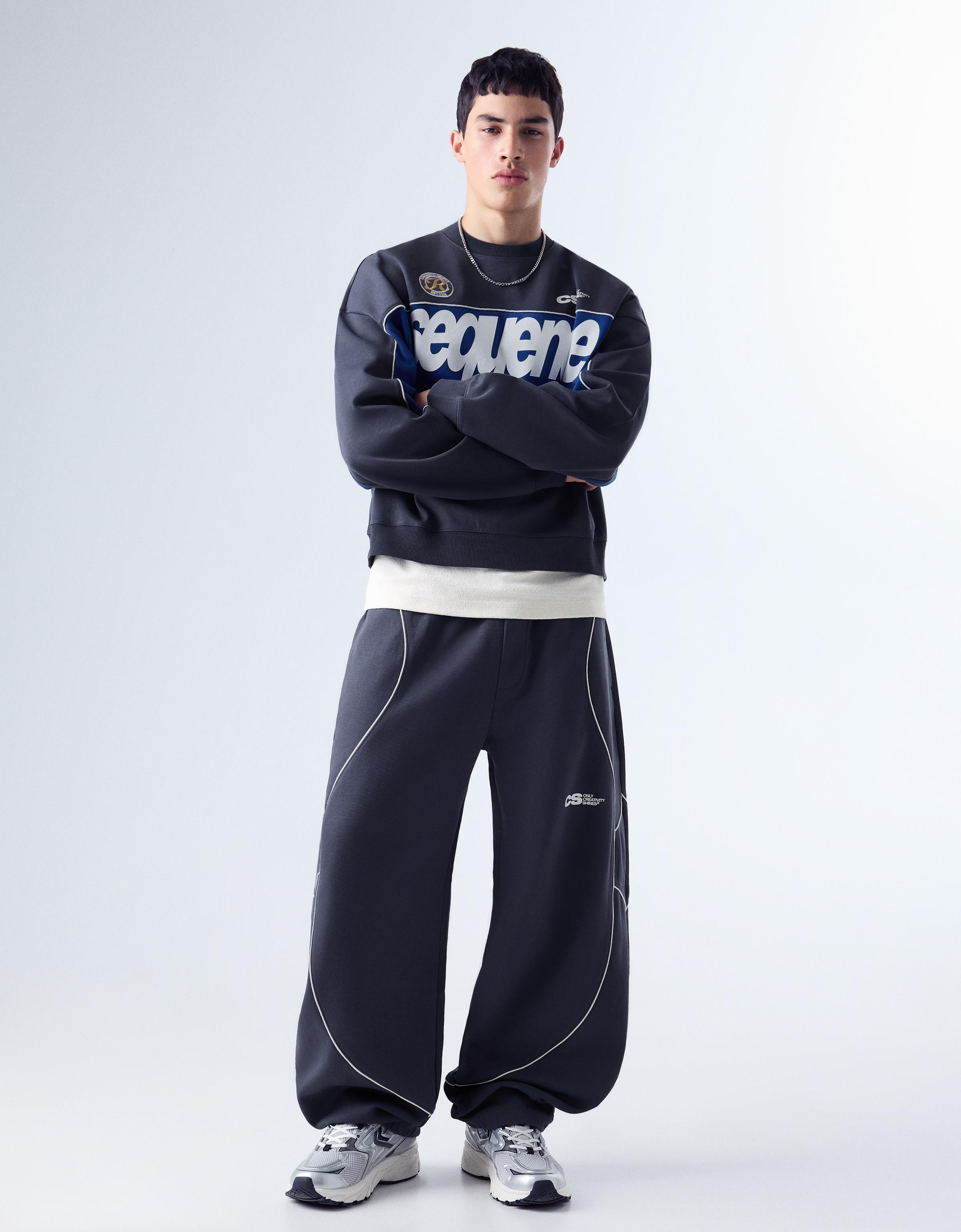 Pantalón Balloon Felpa Print Hombre M Azul