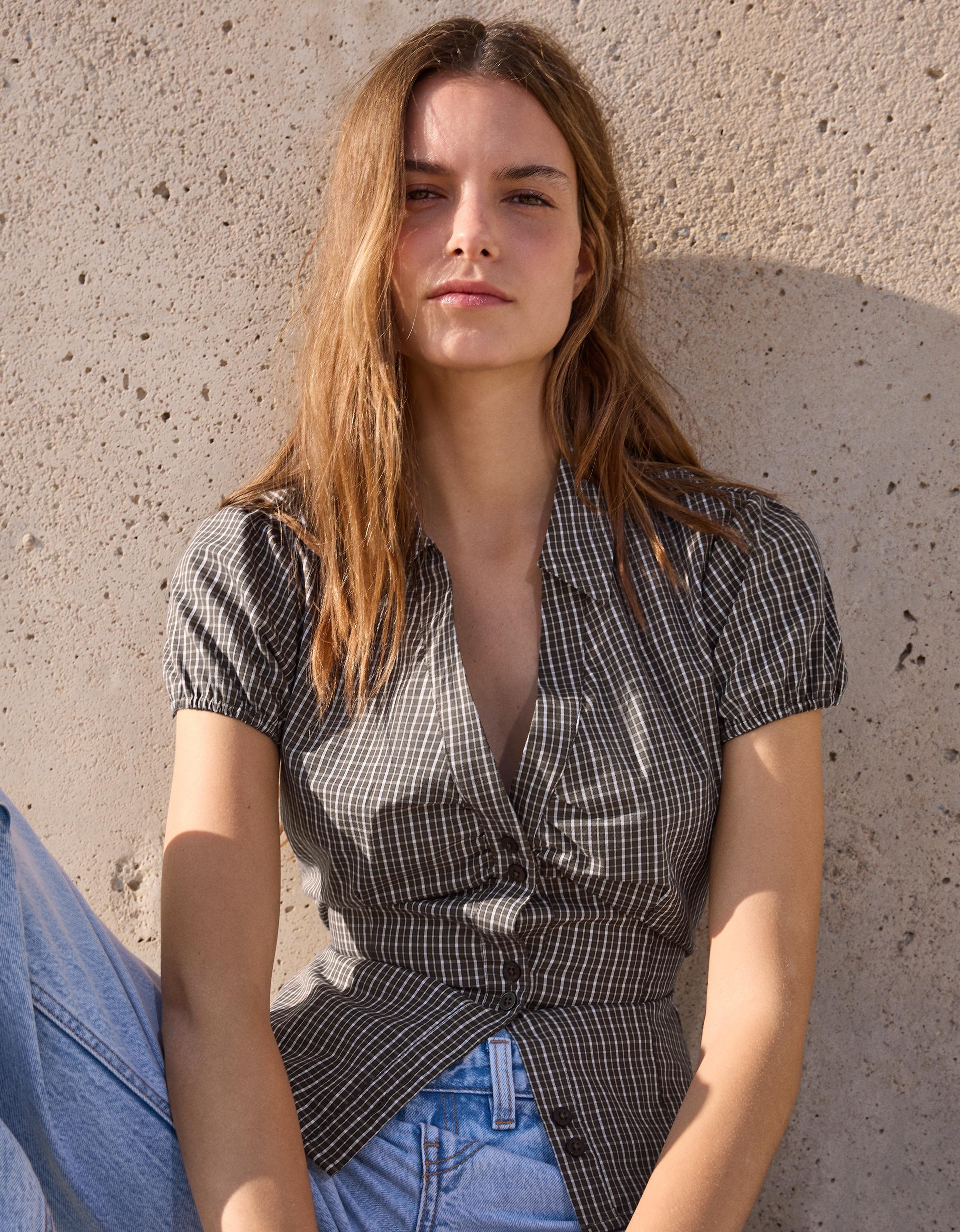 Kısa kollu poplin bağlamalı gömlek - Görsel 29