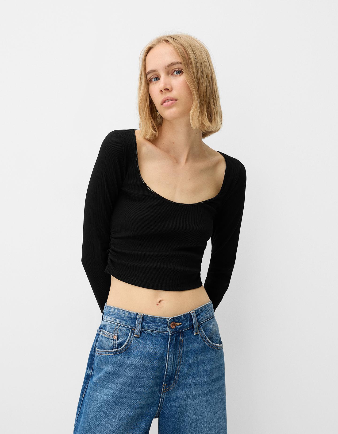 Bershka Maglietta A Maniche Lunghe Effetto Arricciato Laterale Donna Xs Nero