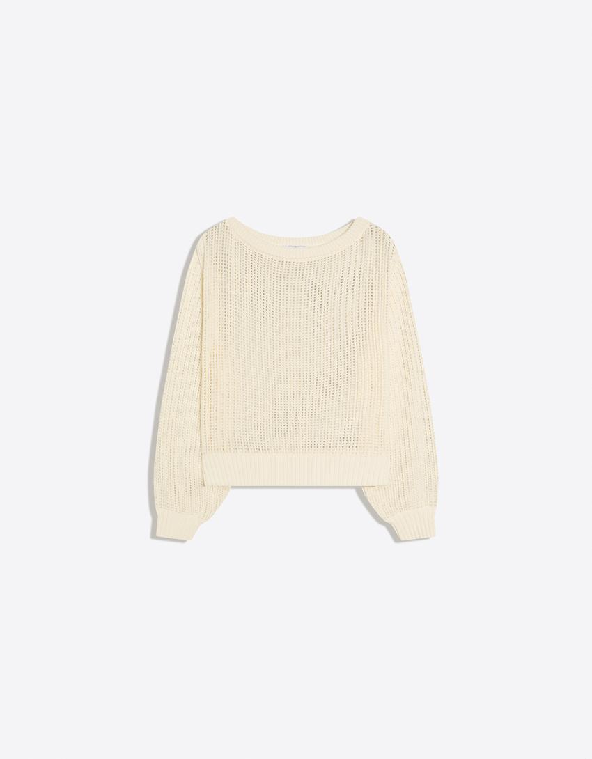 Rustikaler Strickpullover mit Lochmuster-Rohweiß