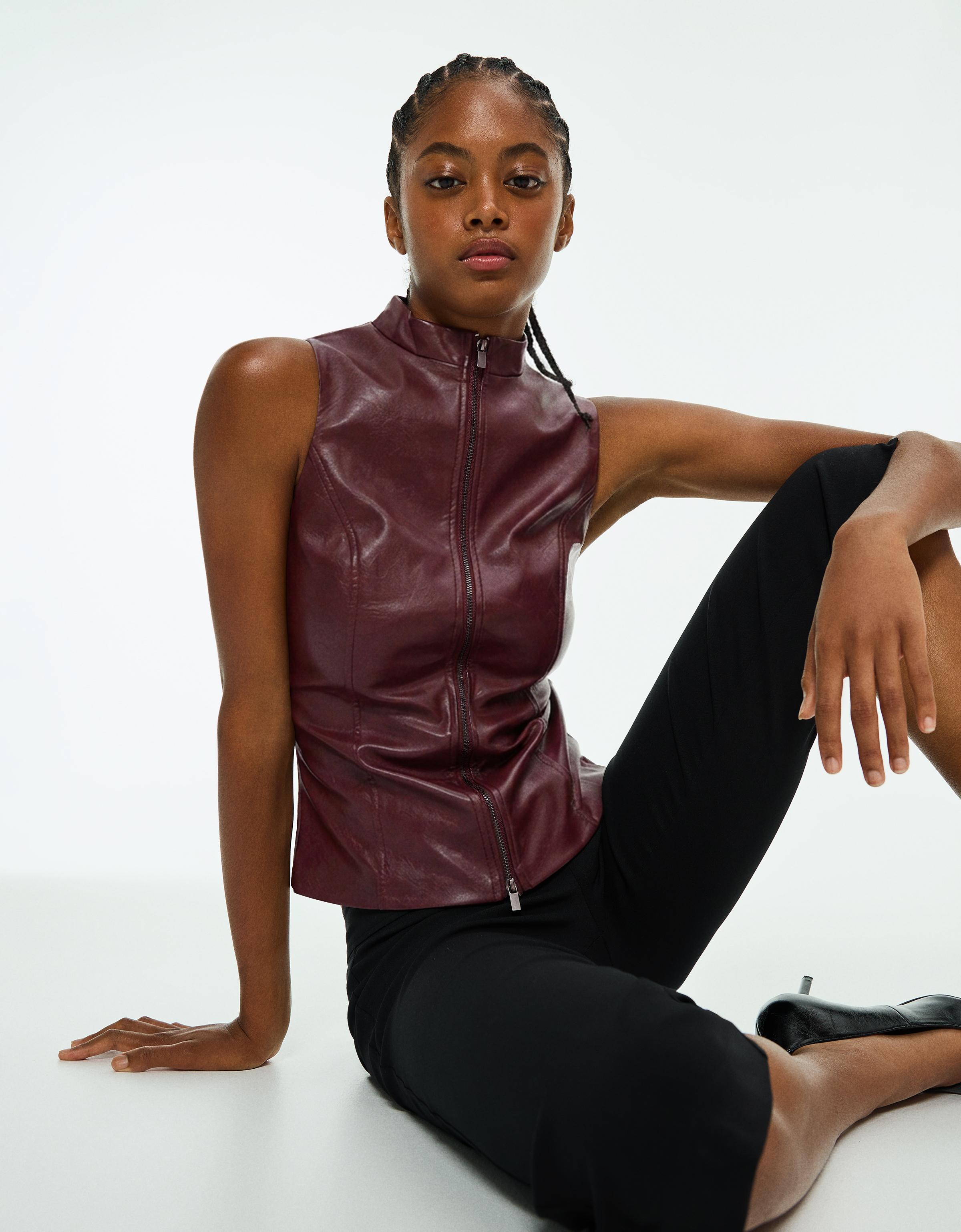 Leather-effect sleeveless high-neck top — Burgundy