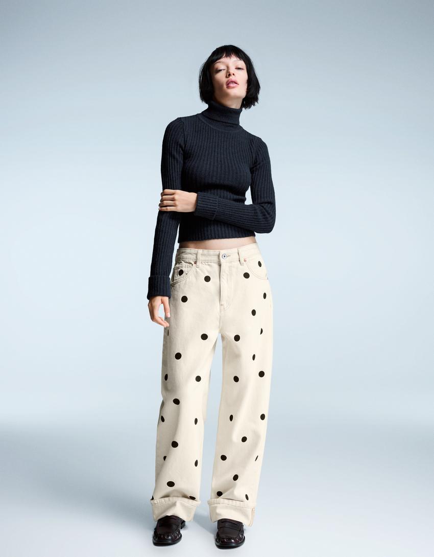 Jeans baggy fit con risvolto-Avorio