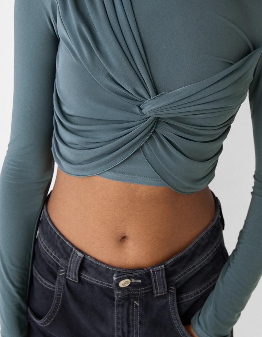 Long sleeve T-shirt with front knot-Turquoise