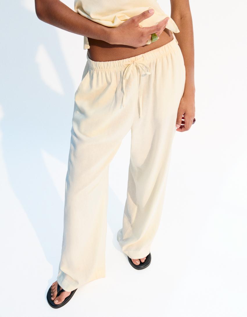 Pantalon lin taille élastique-Jaune-1