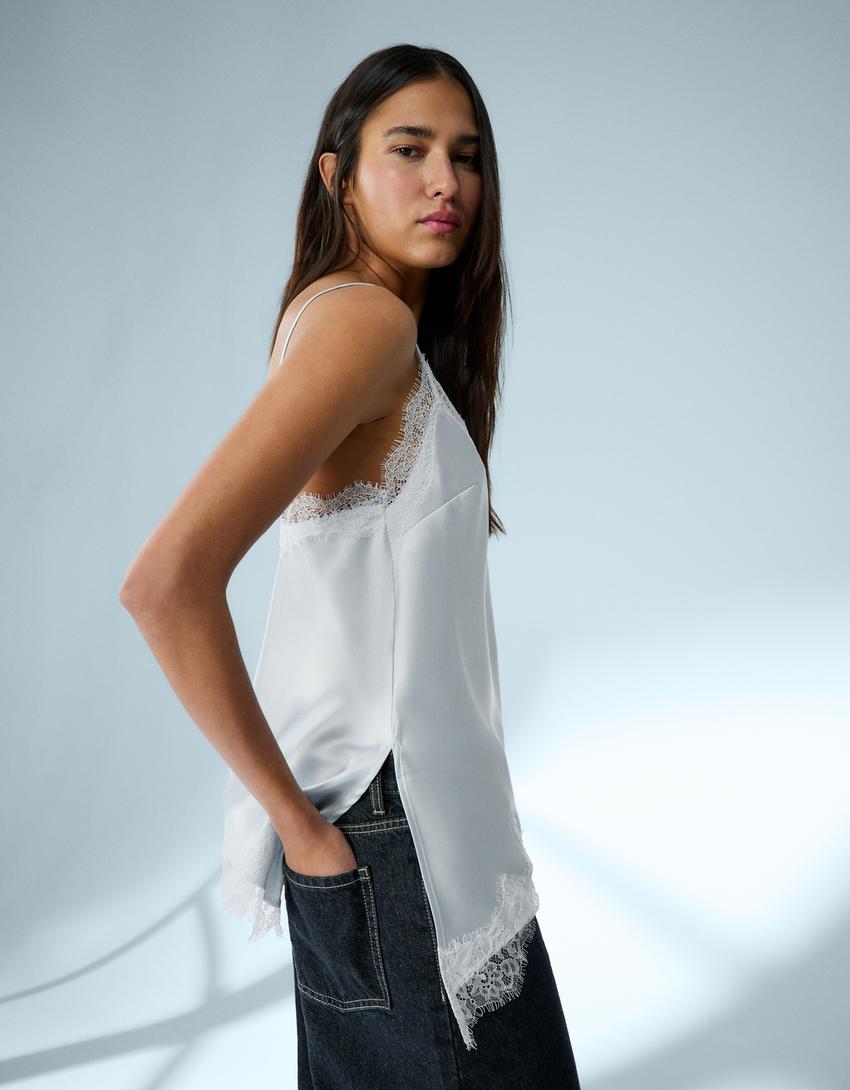 Asimetrik dantelli saten askılı top-Açık mavi