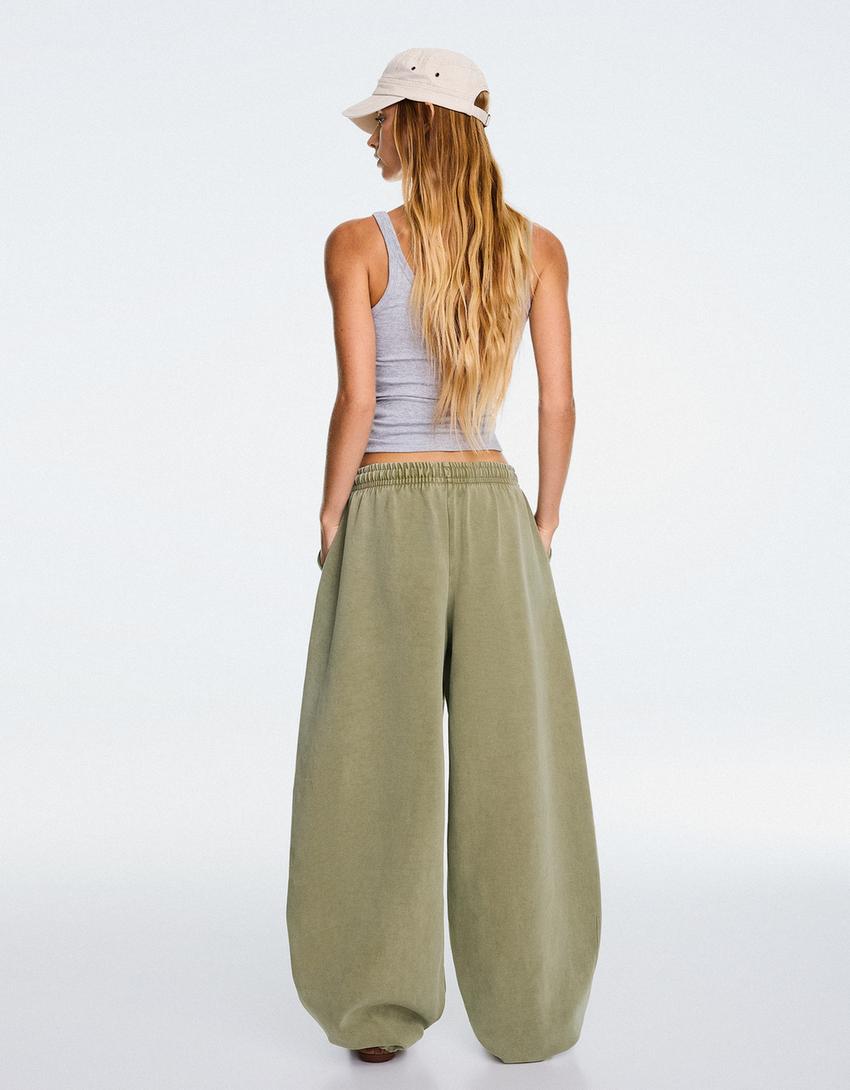 Barrel plush trousers with stoppers-Khaki