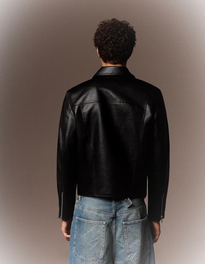 Boxy faux leather jacket-Black