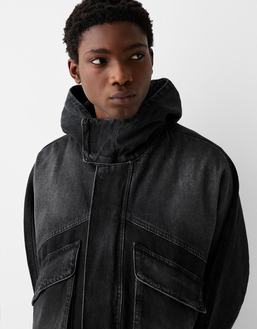 Casaco denim capuz color block-Preto-2