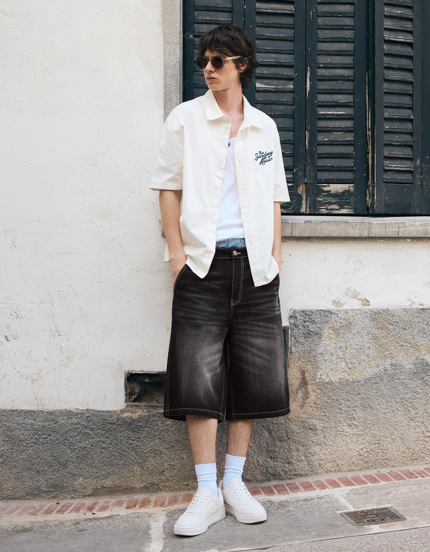 Bershka Bermuda Denim Skater Hombre Negro