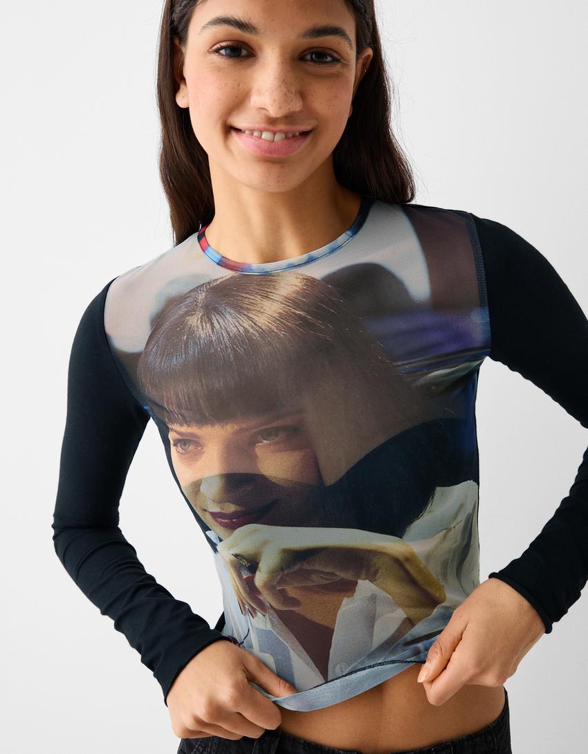 T-shirt Pulp Fiction manches longues tulle imprimé-Noir-3