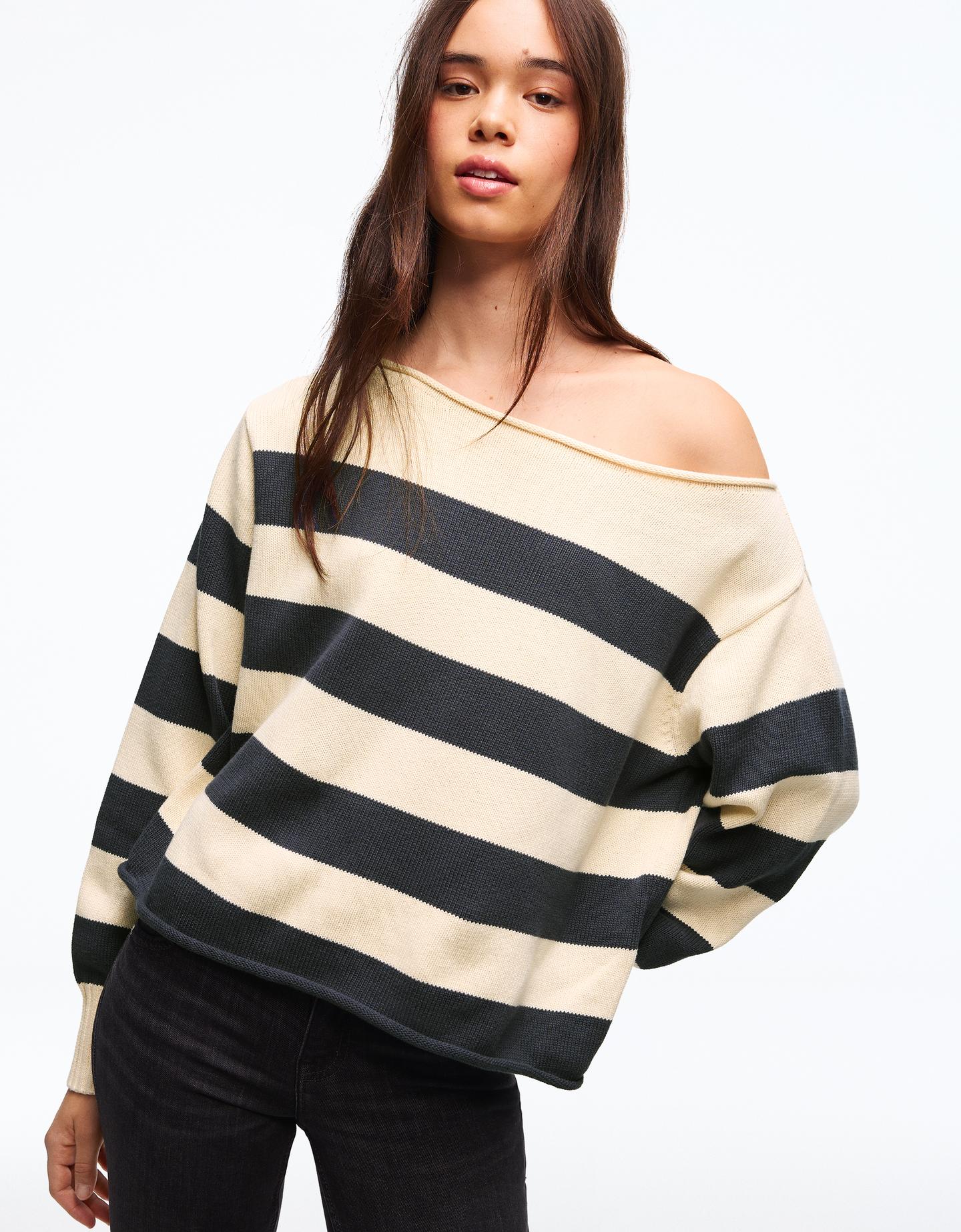 Bershka sweter z dekoltem w łódkę niebieski