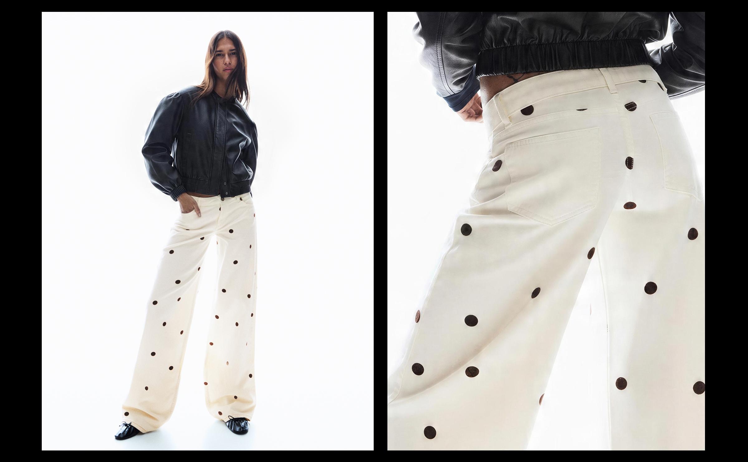 Puantiye desenli geniş paça jean - Görsel 27