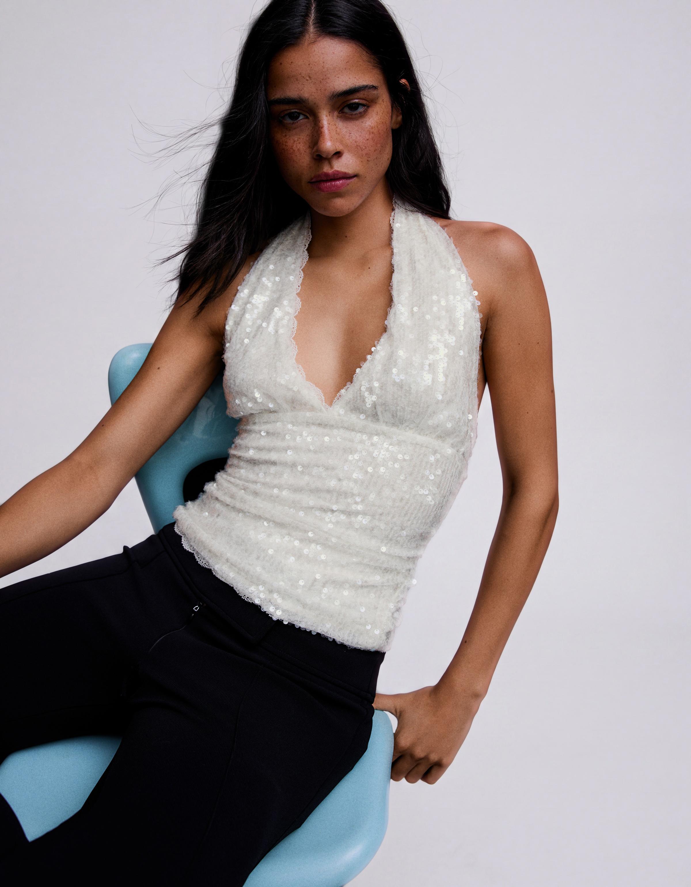 Sequin lace halter top — Cream