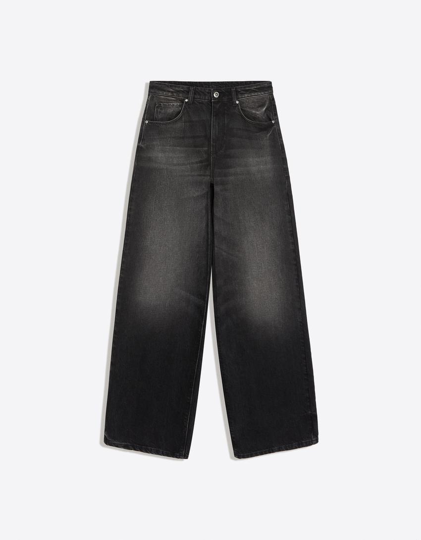 Vintage yıkamalı yüksek bel wide leg jean-Siyah