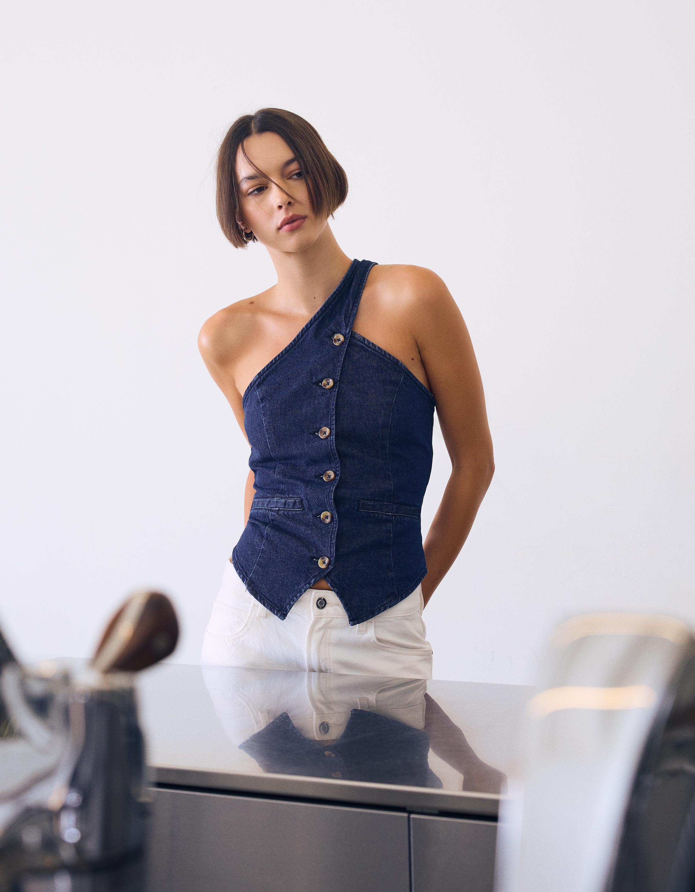 Asymmetric denim top