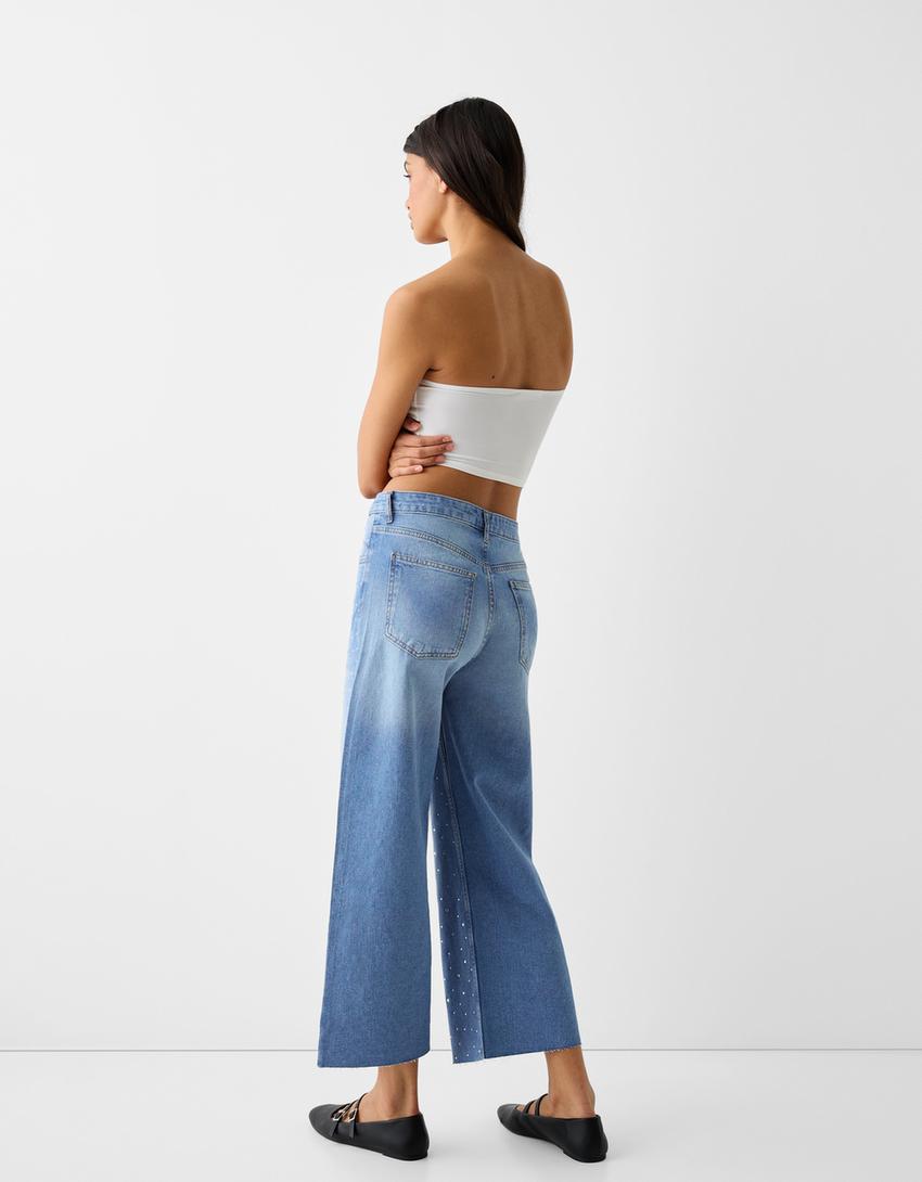 بنطلون واسع وقصير جينز بحجر الراين-أزرق فاتح-2