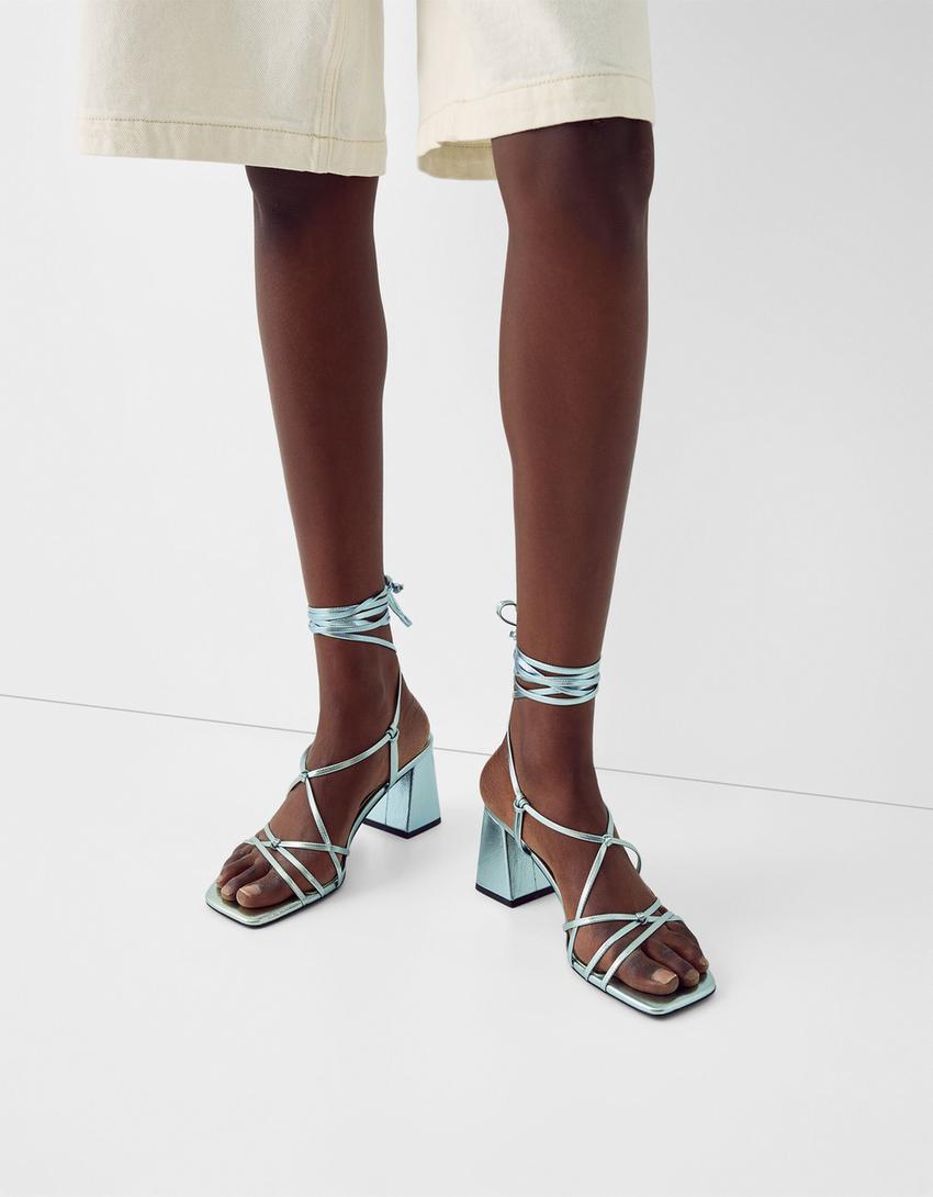 Tied heeled metallic sandals-Silver