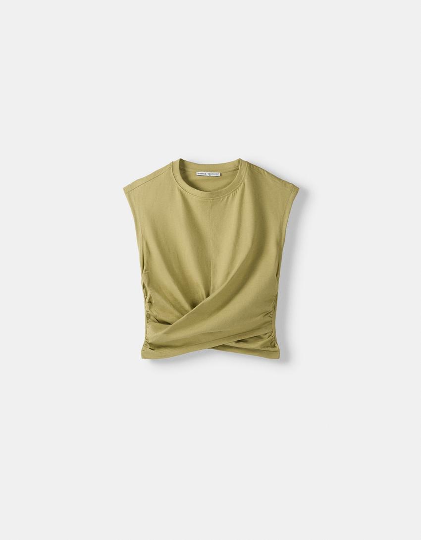 Sleeveless T-shirt with crossover front-Green-4
