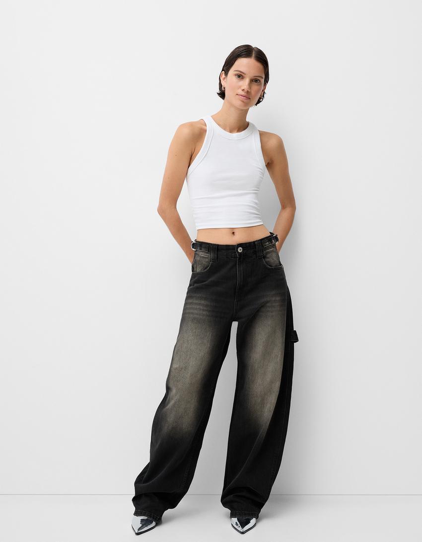 Adjustable balloon fit carpenter jeans-Brown