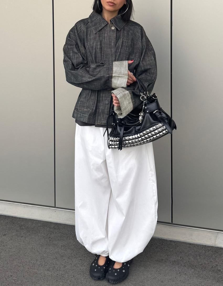 Jaket denim oversize bertekstur-Biru