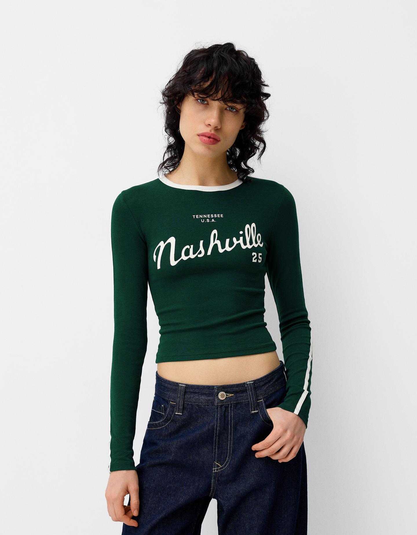 Bershka Camiseta Manga Larga Print Mujer L Verde