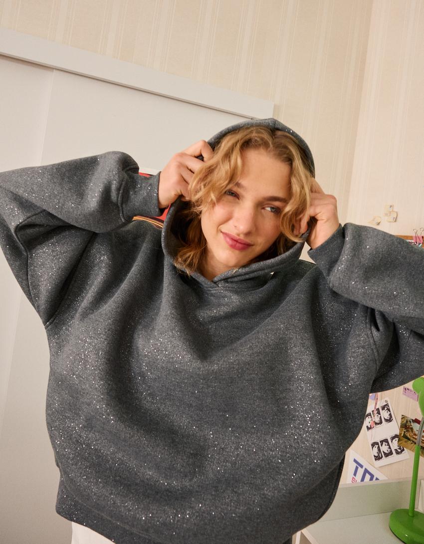 Simli kapüşonlu sweatshirt-Gri