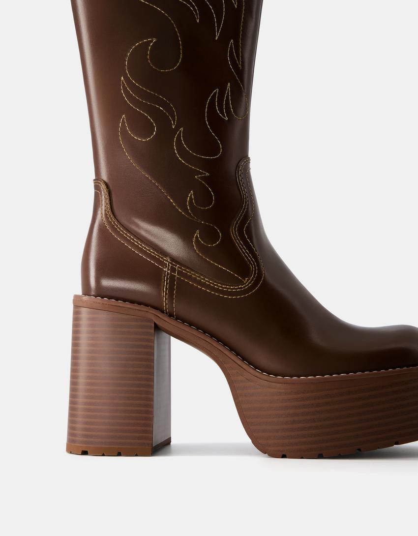 Bottines talon large plateforme-Marron-5