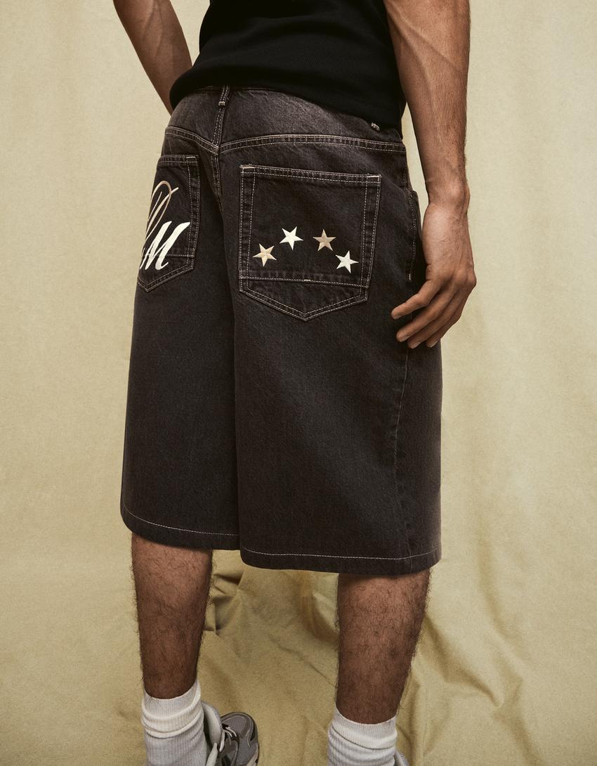 Bermuda jean super baggy brodée-Marron