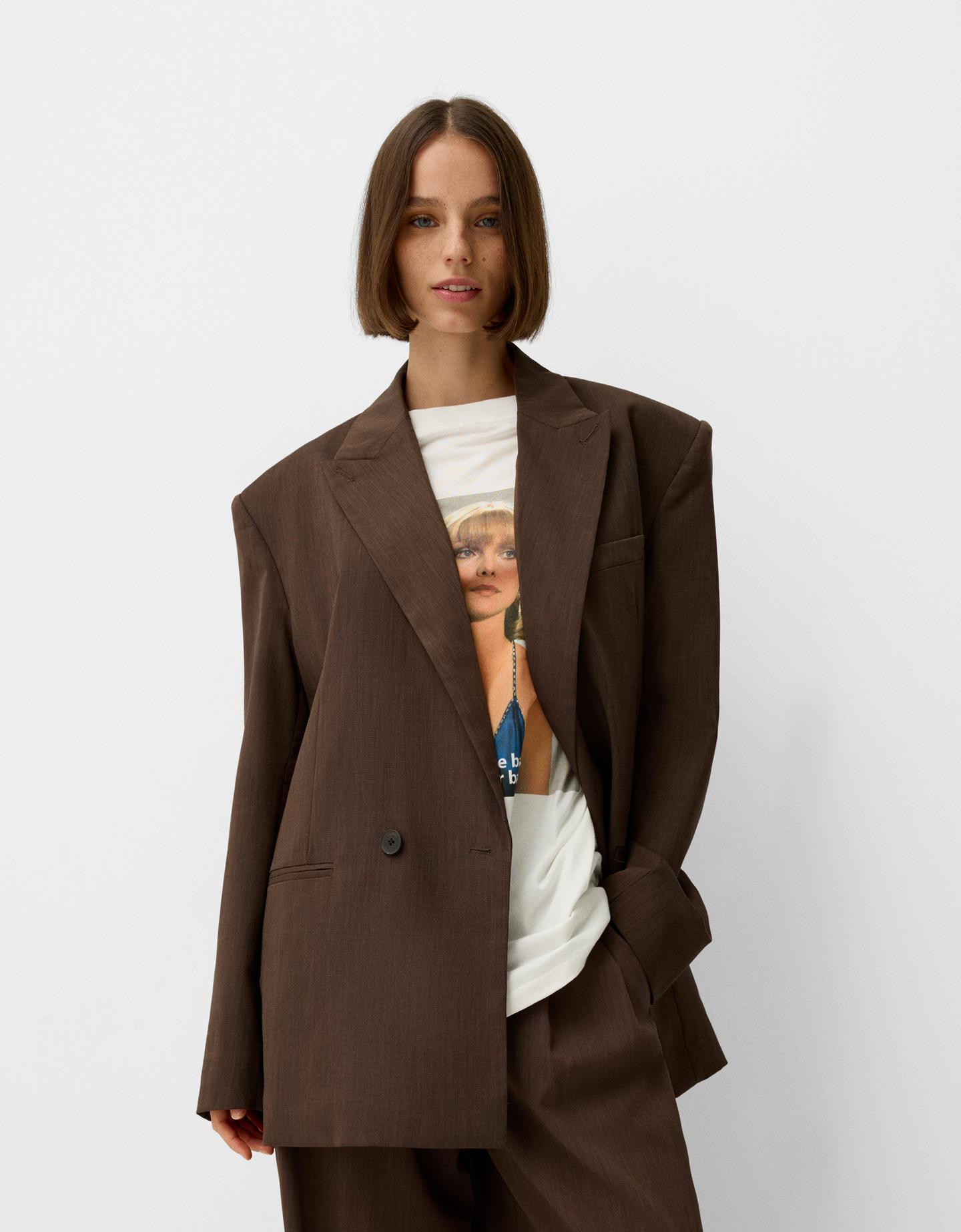 Bershka Blazer Oversize Mujer S Marrón