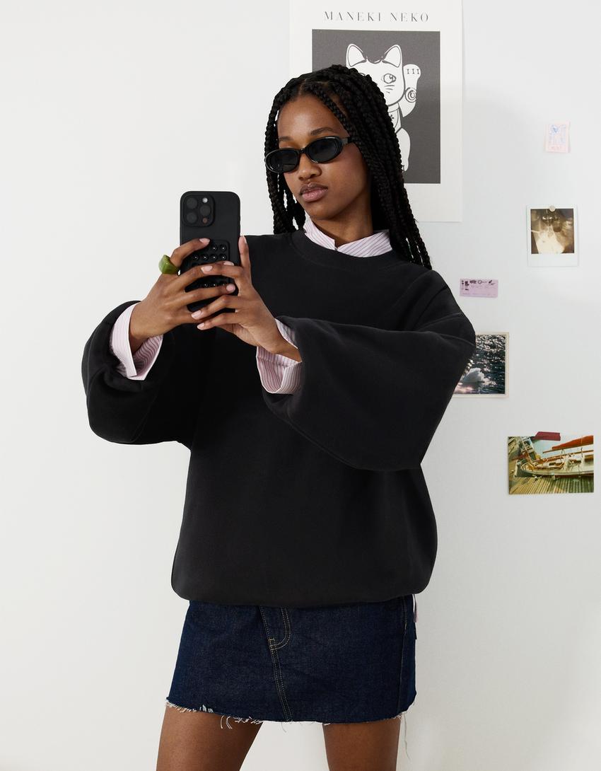 Oversized sweater met zakken-Zwart-0