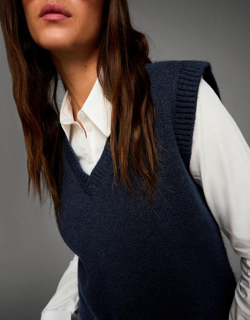 Soft touch vest met V-hals-Blauw