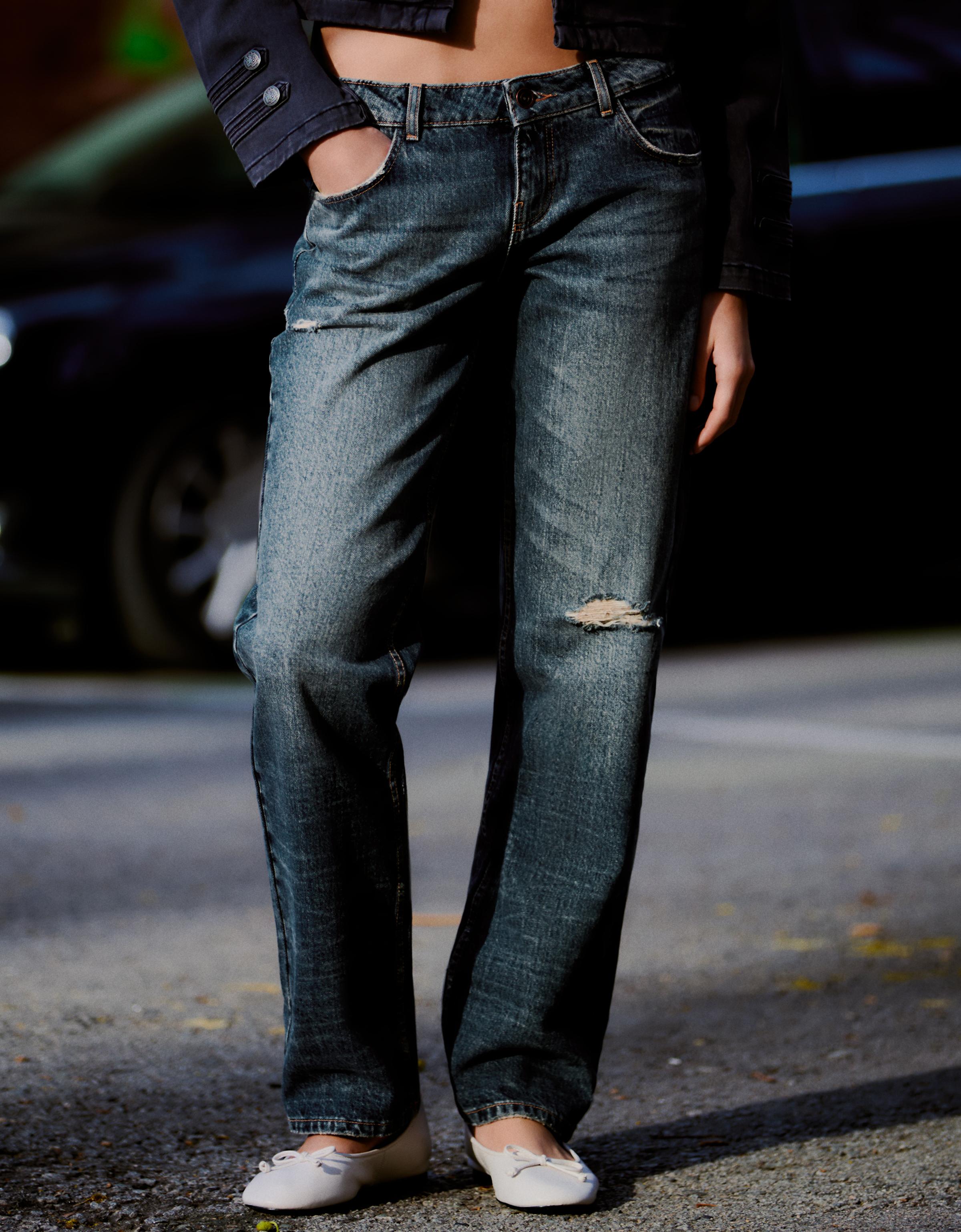 Distressed düşük bel straight fit jean - Görsel 11