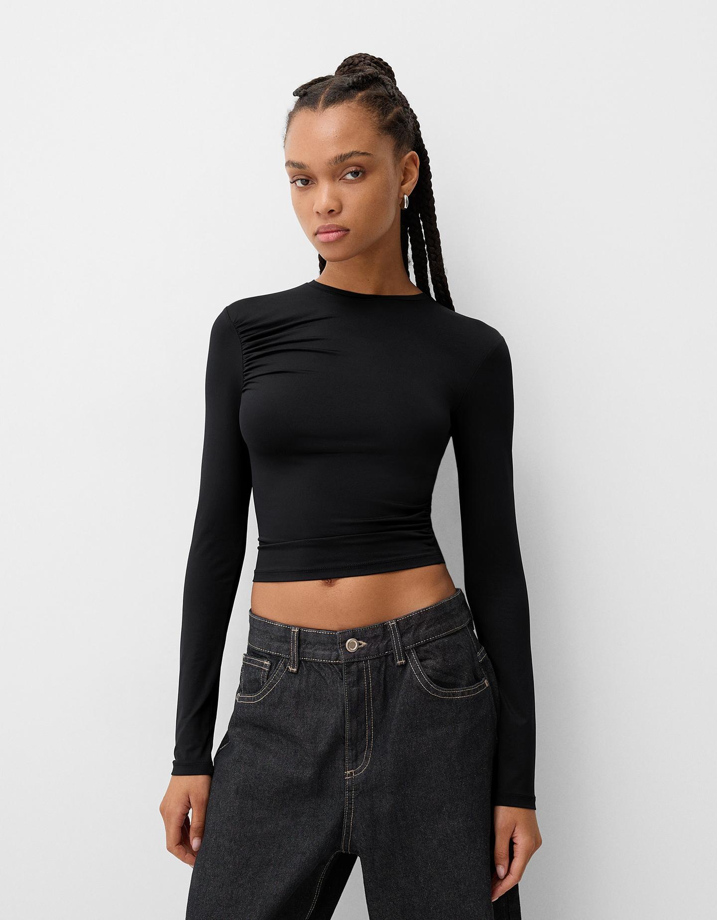 Bershka Camiseta Poliamida Manga Larga Frunces Mujer Xs Negro