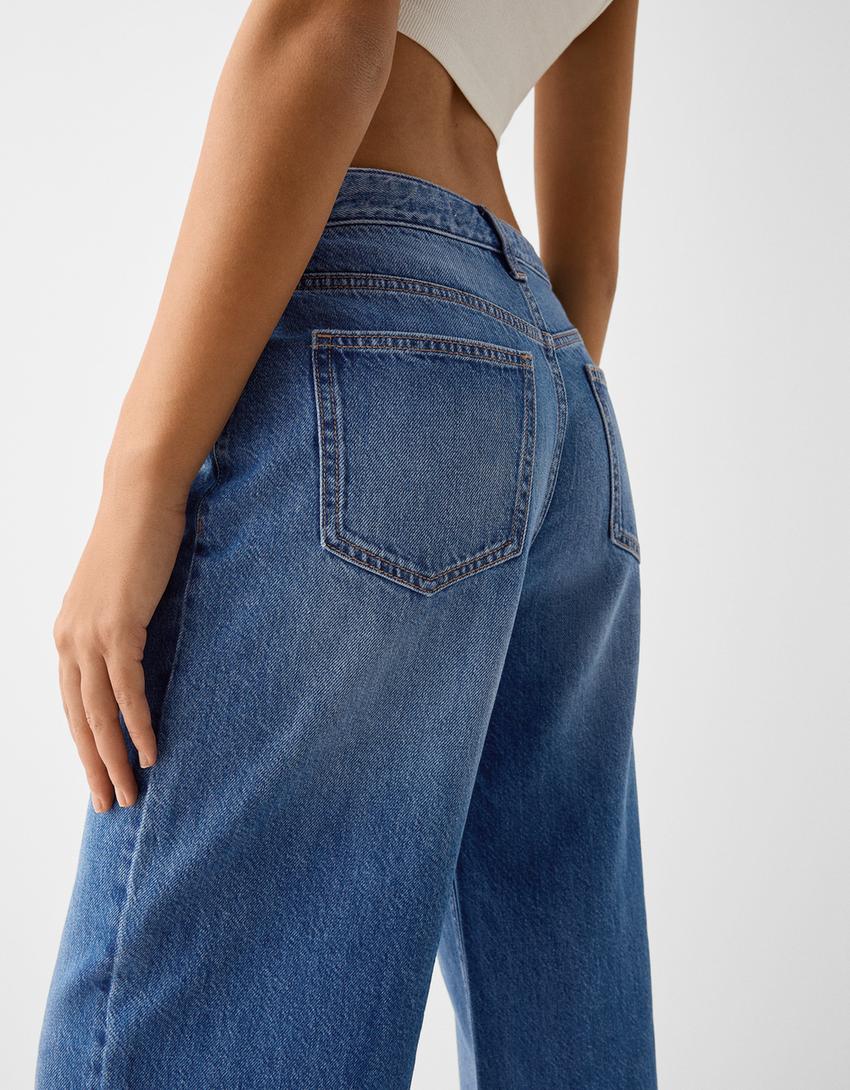 جينز بقصة قصيرة وساق عريضة-أزرق-5