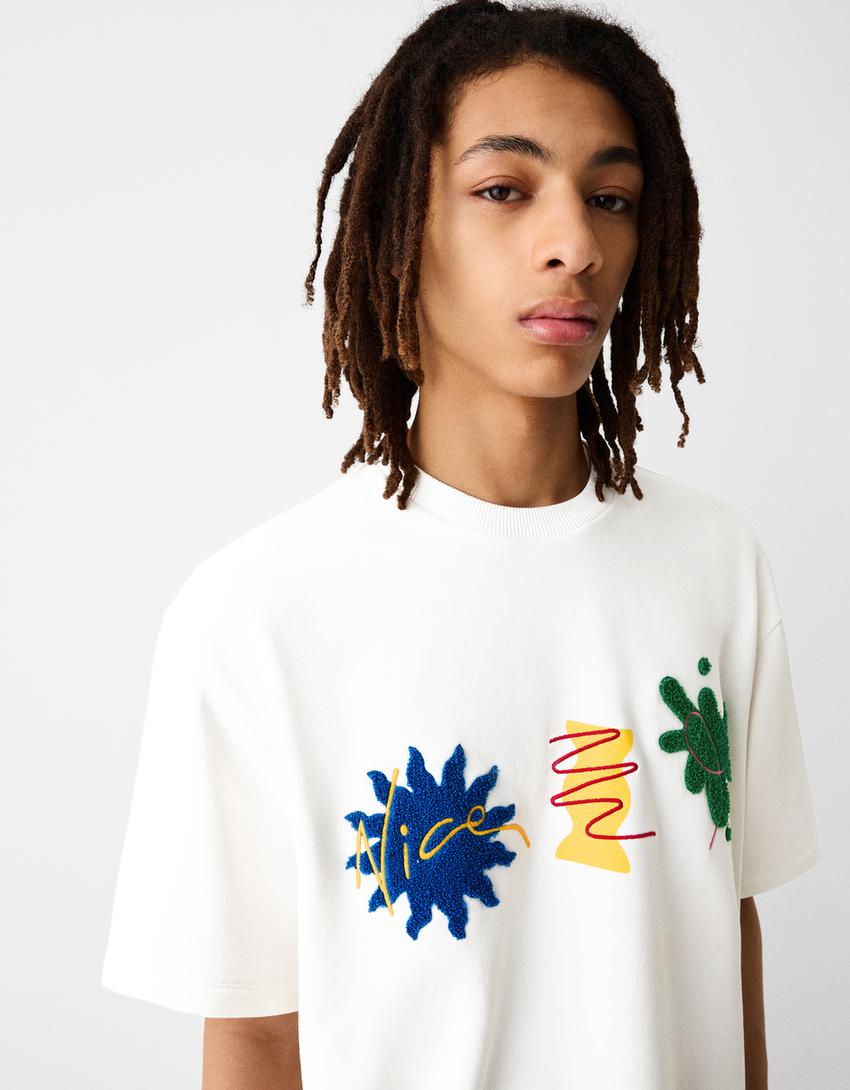 T-shirt manches courtes molleton imprimé-Blanc-2