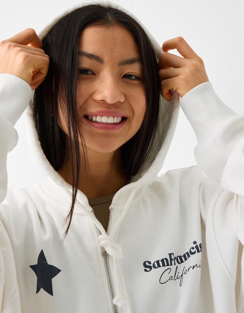 Zip-up print hoodie-Off white-2