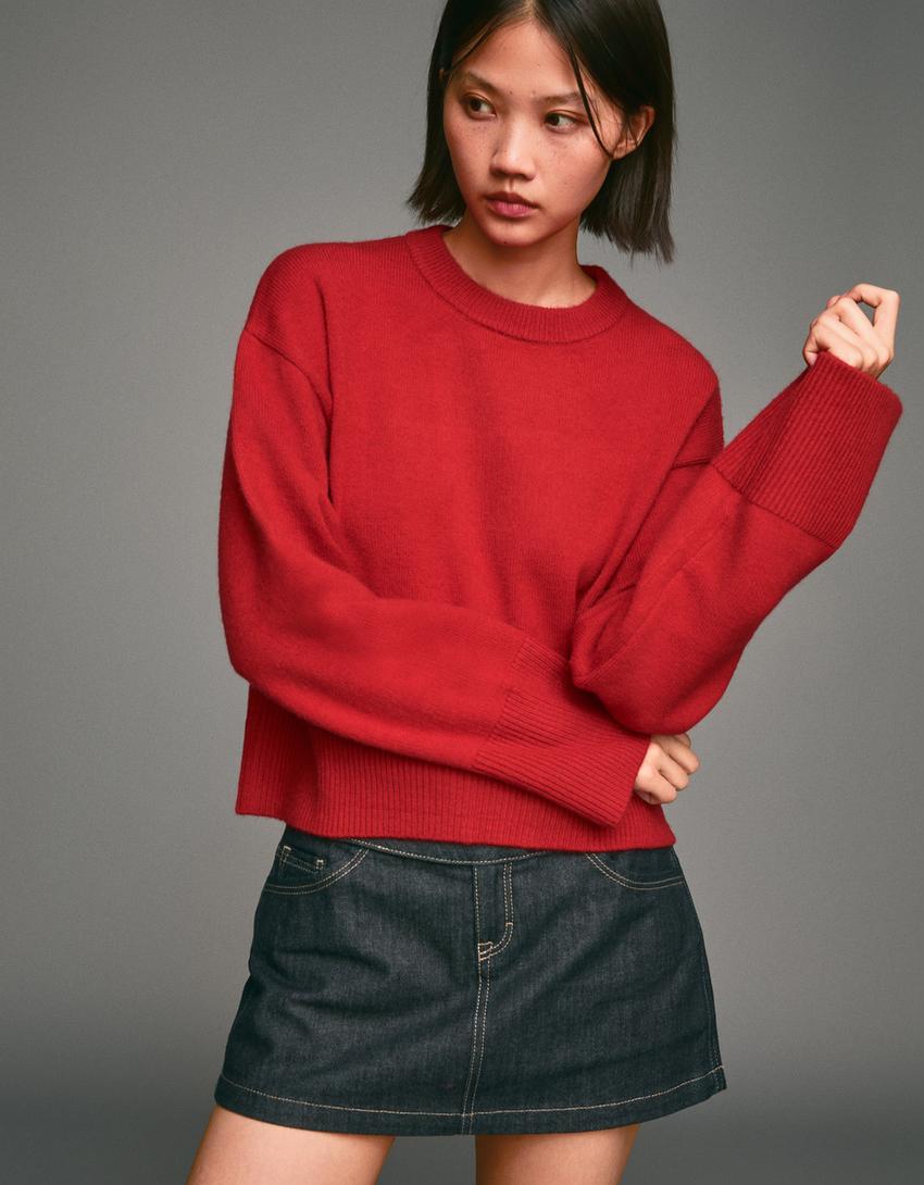 Oversize sweater with ribbed hem-Red