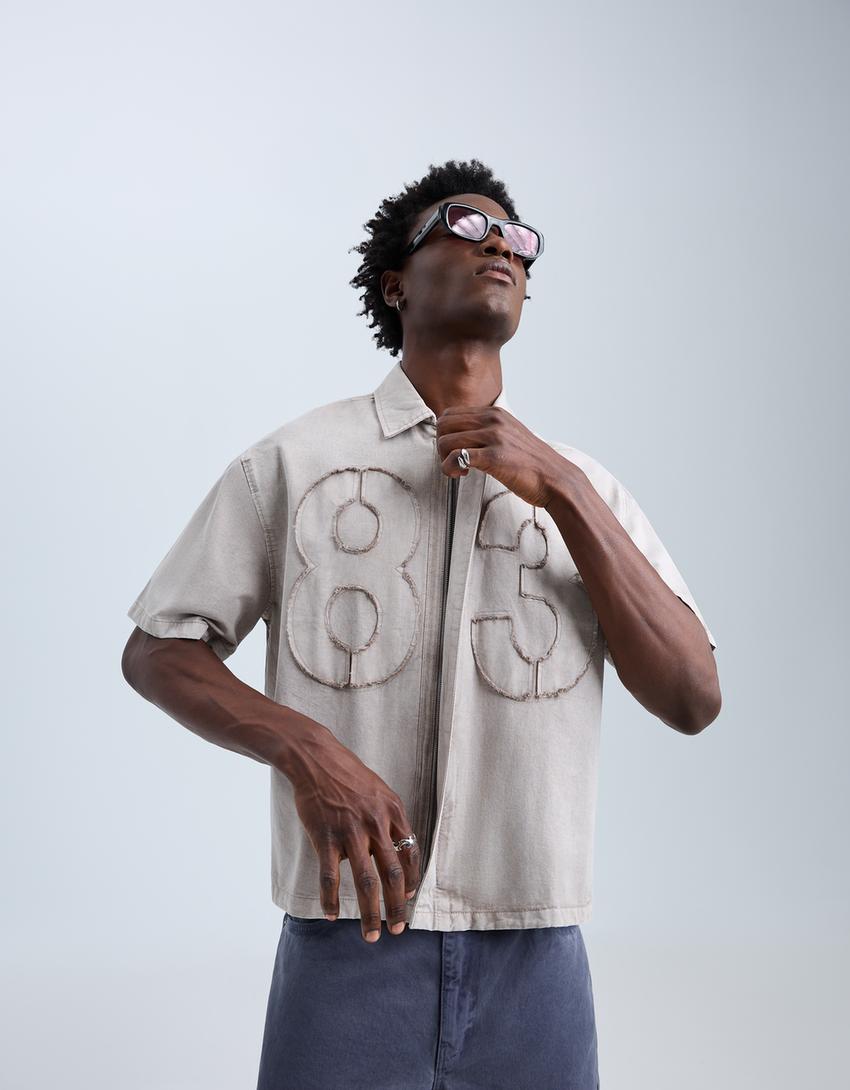 Embroidered short sleeve boxy fit shirt-Grey